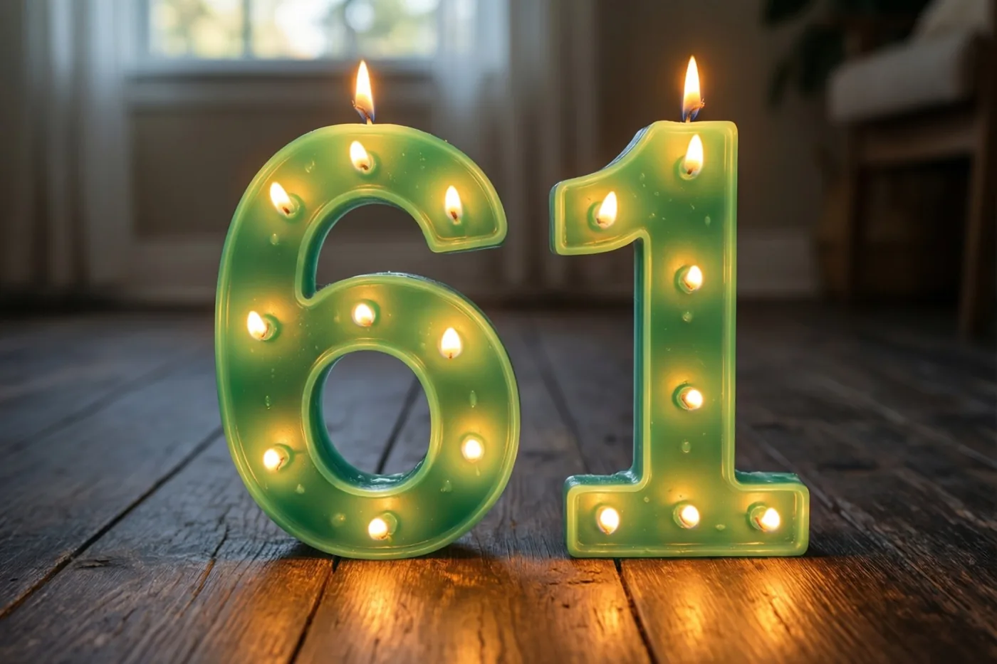Twee grote groene kaarsen in de vorm van 6 en 1 staan met brandende lonten en ingebouwde lichtjes op een donkere houten vloer.