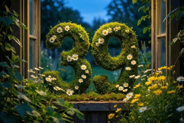Een mossige groene haag vormt 39 met witte madeliefjes op een houten vensterbank in een landelijke tuin bij blauwe schemering.