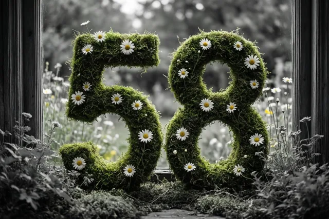 Door een raam is 58 van een mossige groene haag met witte madeliefjes te zien, in kleur tegen een zwart-witte tuinachtergrond.