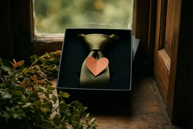 Een groene zijden das met een papieren kinderhart ligt in een zwarte geschenkdoos op een houten vensterbank naast groen, in zacht daglicht.
