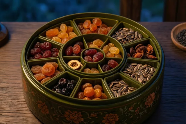 Een ronde groengelakte doos met bloemmotieven en vakjes vol gedroogd fruit en zaden staat op een houten tafel tegen een donkerblauwe achtergrond.