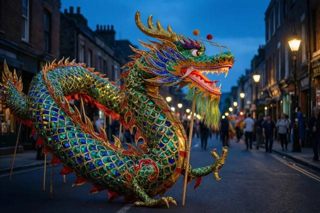 Een grote groene en gouden drakenpop slingert bij schemering door een smalle straat met straatverlichting, vage figuren op de achtergrond en een diepblauwe hemel erboven.