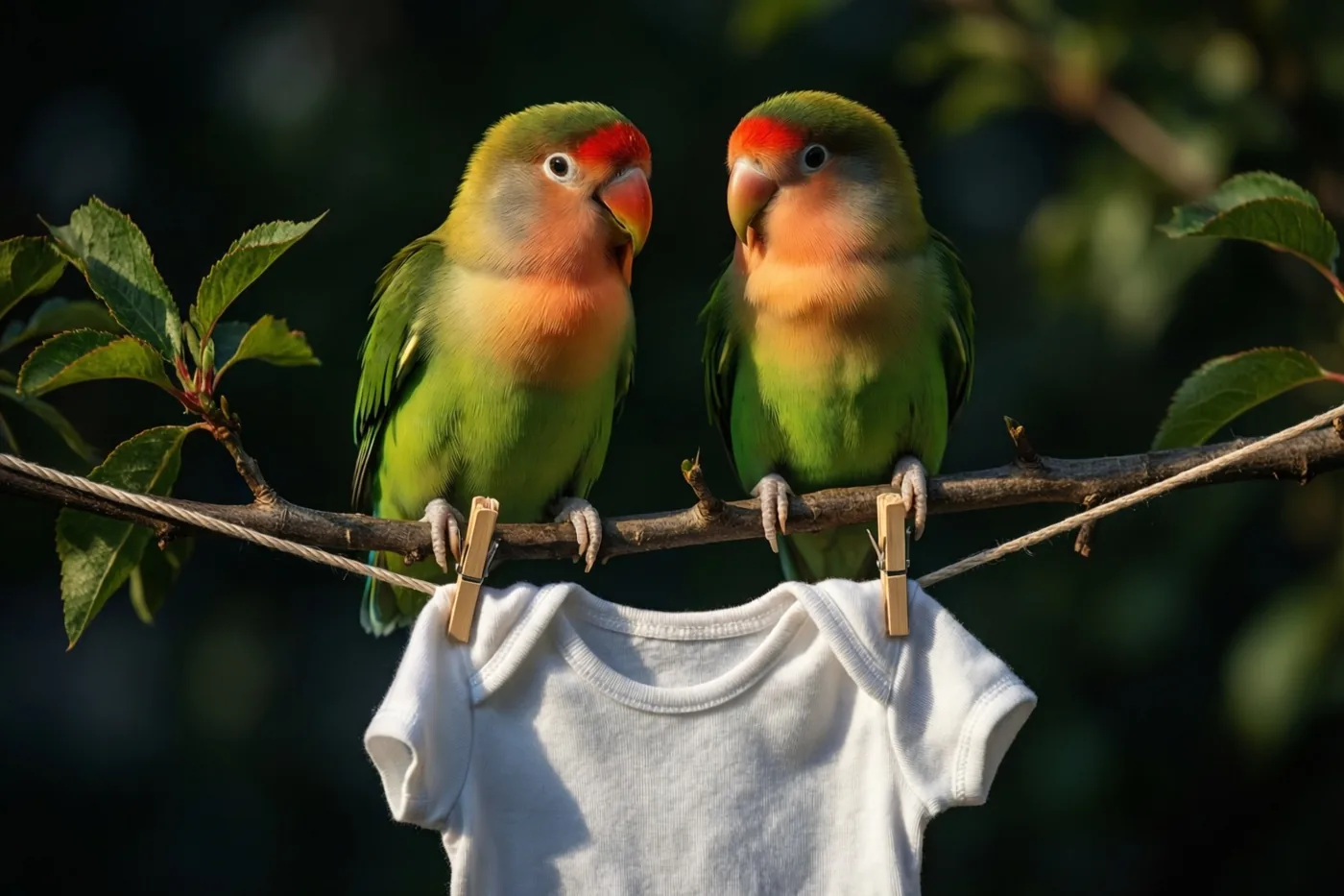 Twee groene dwergpapegaaien met rode voorhoofden zitten op een tak boven een klein wit babyrompertje dat aan een waslijn is vastgeklemd, in fel zonlicht met groen op de achtergrond.