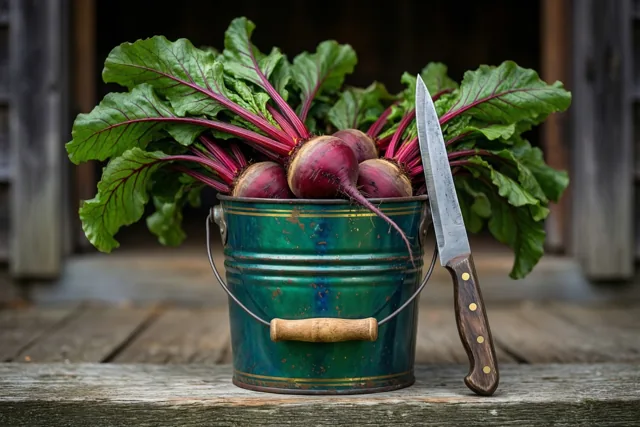 Een oude groene blikken emmer met verse suikerbieten en groene bladeren staat op een verweerde houten boerderijtrede naast een snijmes met houten heft.