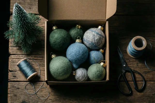 Een open kartonnen doos met handgemaakte groene en blauwe vilten kerstversiering staat op een houten tafel naast garenklosjes, een schaar en een dennentakje.