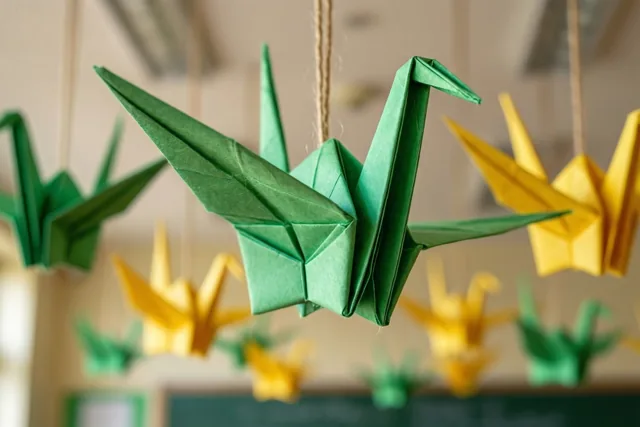 Een mobiel met groene en gele origamikraanvogels hangt aan draadjes voor een onscherpe klasachtergrond.