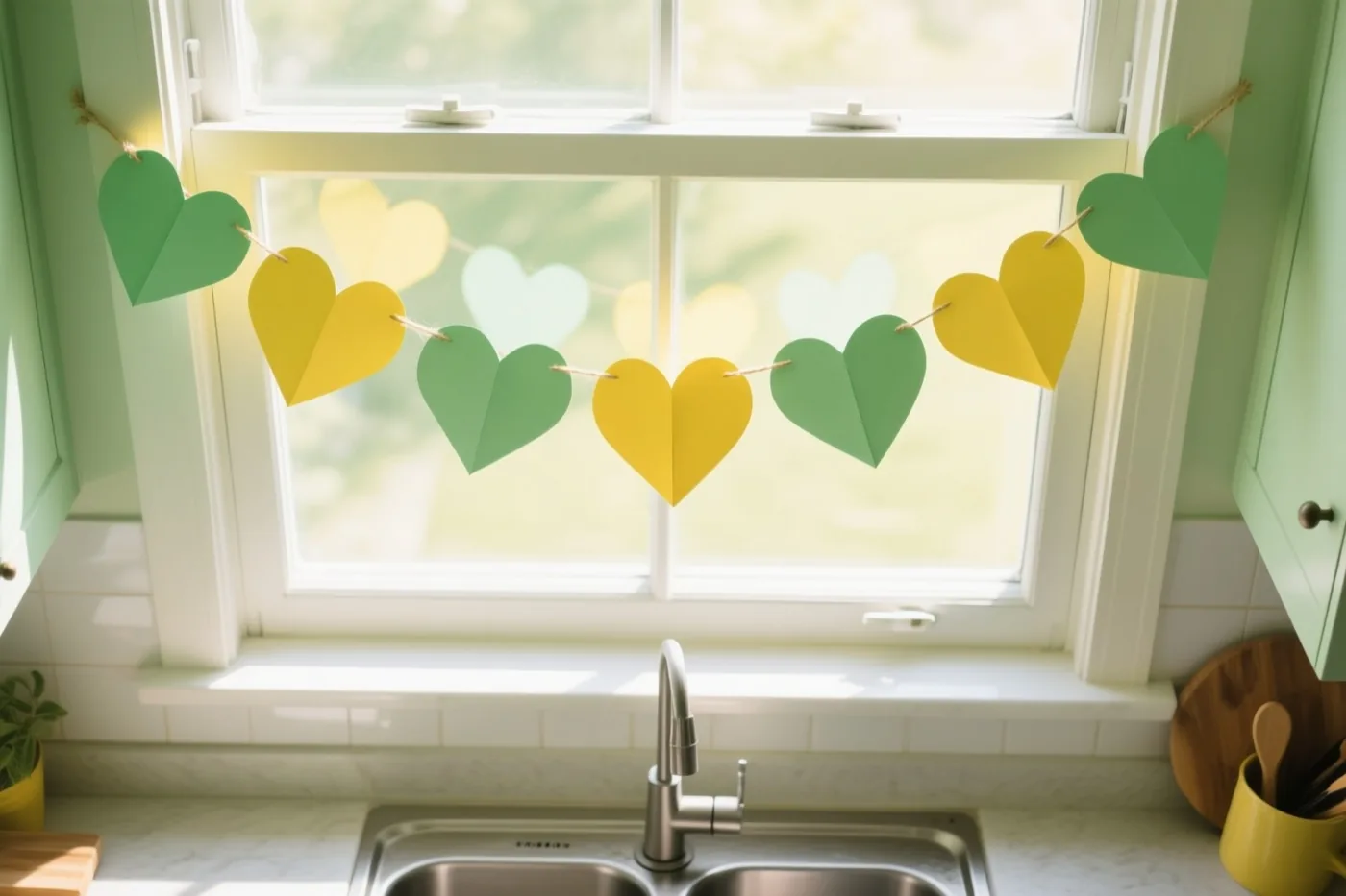 Een slinger van groene en gele papieren hartjes hangt voor een zonnig keukenraam boven een roestvrijstalen spoelbak, met groene kasten eronder.