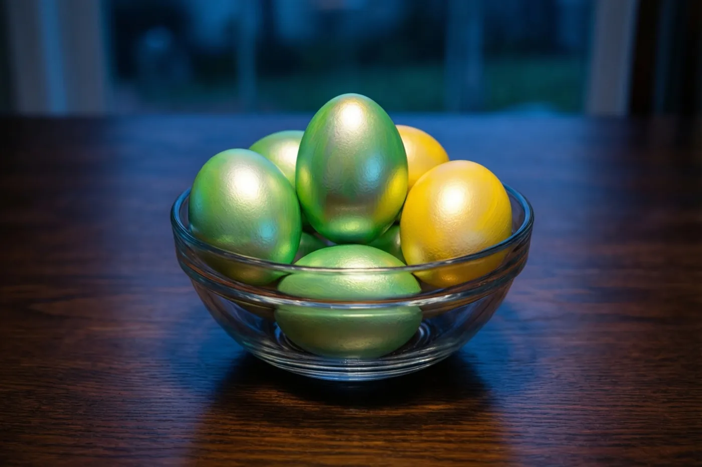 Een doorzichtige glazen kom met groene en gele eieren met parelmoerglans staat op een donkerhouten tafel in zacht licht.
