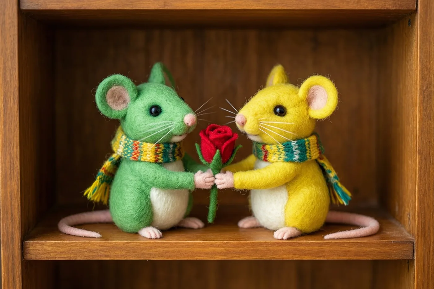 Een groene en een gele vilten muis met kleurrijke sjaals zitten op een houten plank, kijken elkaar aan en houden samen een rode rozenknop vast.