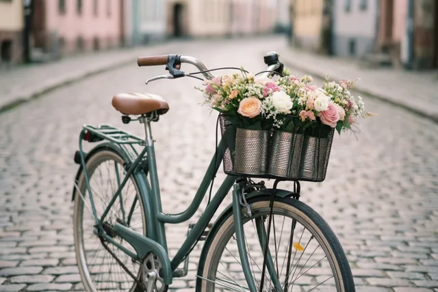 Een groene fiets in oude stijl met een mand vol roze en witte bloemen staat op een kasseistraat in zachte, gedempte tinten.