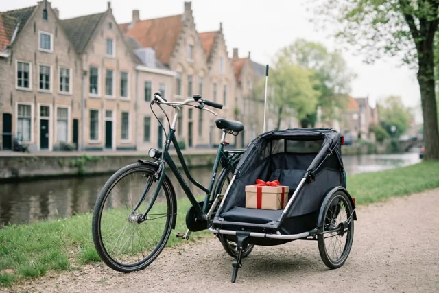 Een donkergroene fiets met een zwarte kinderkar staat op een grindpad langs een kanaal met gevelhuizen, met een cadeaudoosje met een rood lint in de kar.