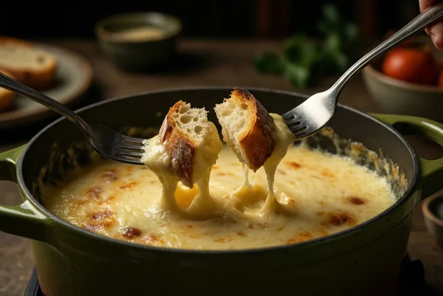 Twee vorken houden stukken brood met een krokante korst in borrelende kaasfondue in een groene pot op een donkere houten tafel.