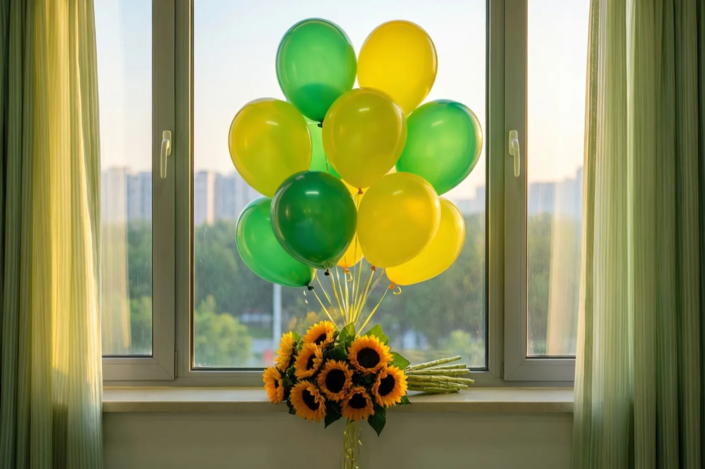 Groene en gele ballonnen en een boeket zonnebloemen staan op een vensterbank in warm daglicht, met uitzicht op gebouwen in een stad.