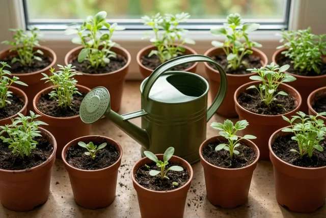 Een groene gieter staat tussen talrijke kleine terracotta potjes met jonge zaailingen op een vensterbank in natuurlijk zonlicht.
