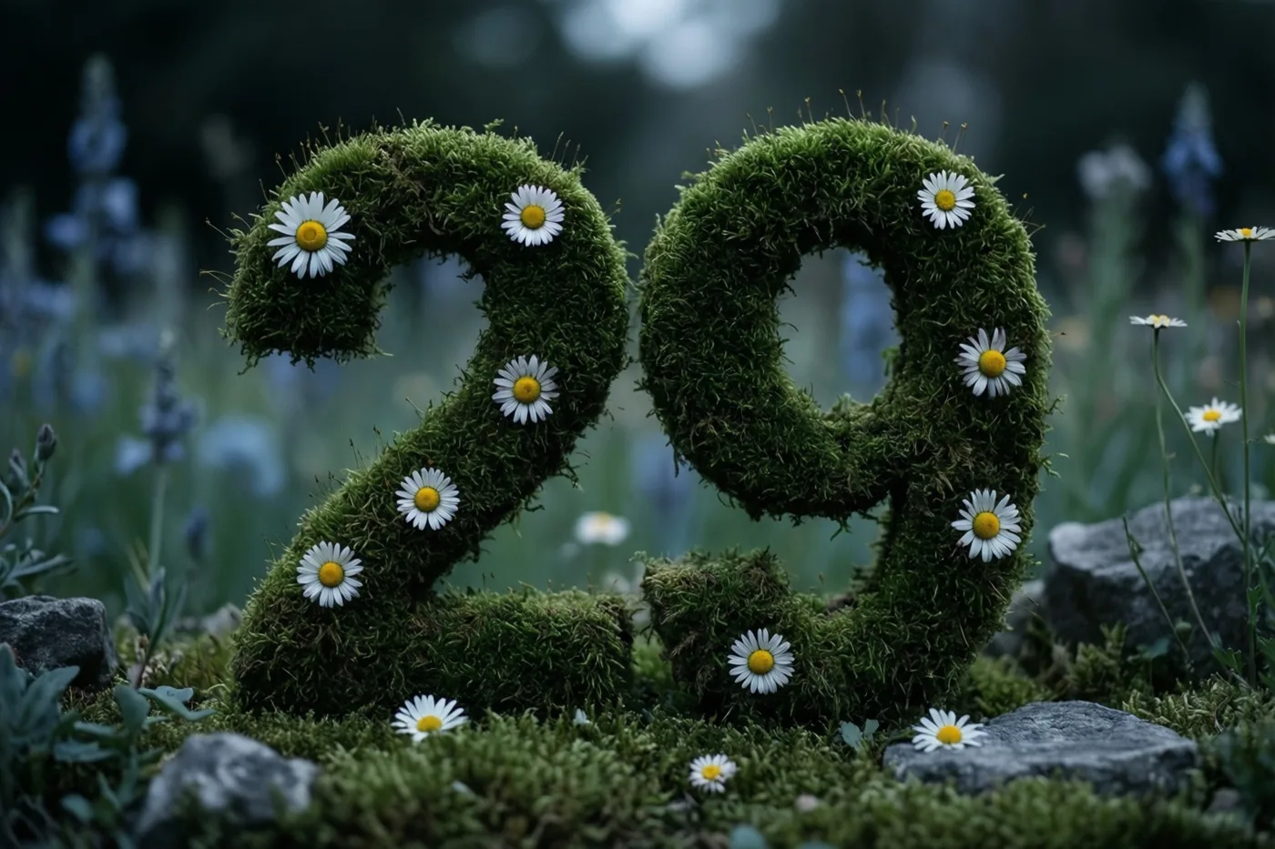 Een mossige groene haag vormt het getal 29 en is versierd met witte madeliefjes in een landelijke tuin met onscherpe bloemen en stenen.