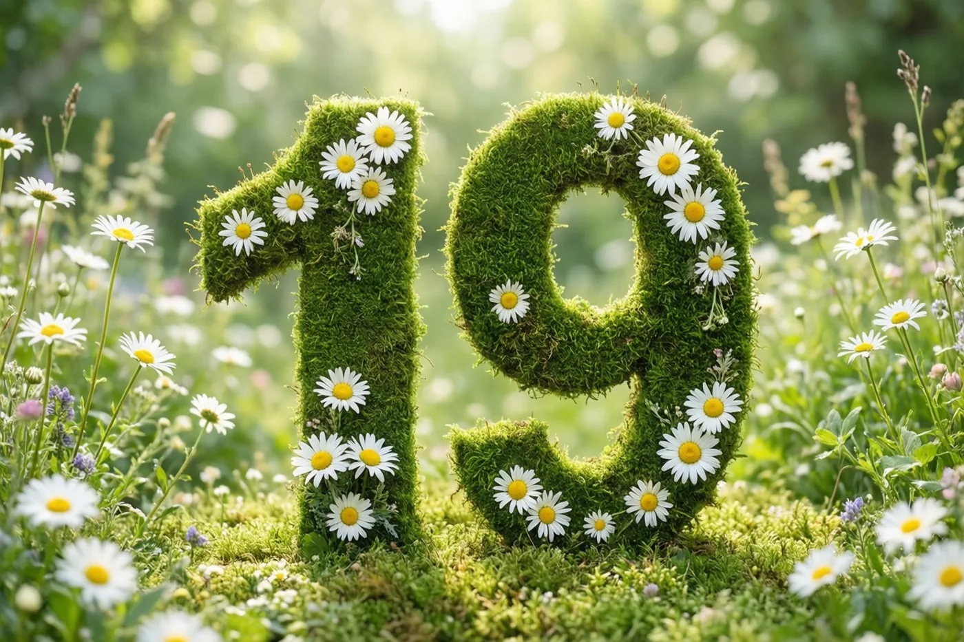 Een groene haag met mos vormt 19 en is versierd met witte madeliefjes in een zonnige, landelijke tuin.