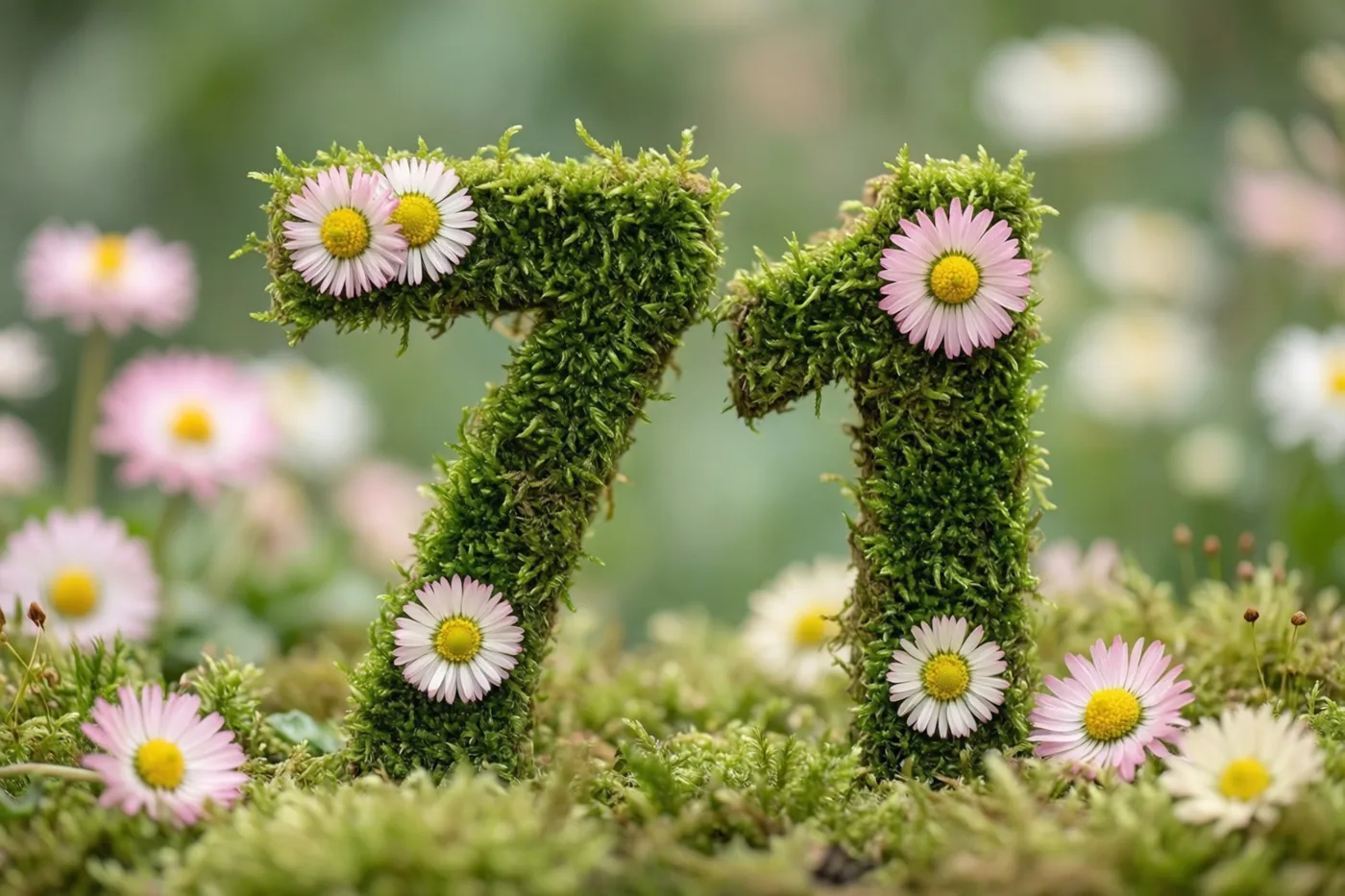 Een met mos begroeide groene haag vormt 71 en is versierd met roze en witte madeliefjes, met onscherpe bloemen op de achtergrond.