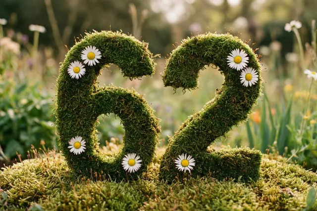 Een mossige groene haag in de vorm van 62 is versierd met witte madeliefjes, met onscherp tuingroen erachter in zacht natuurlijk licht.