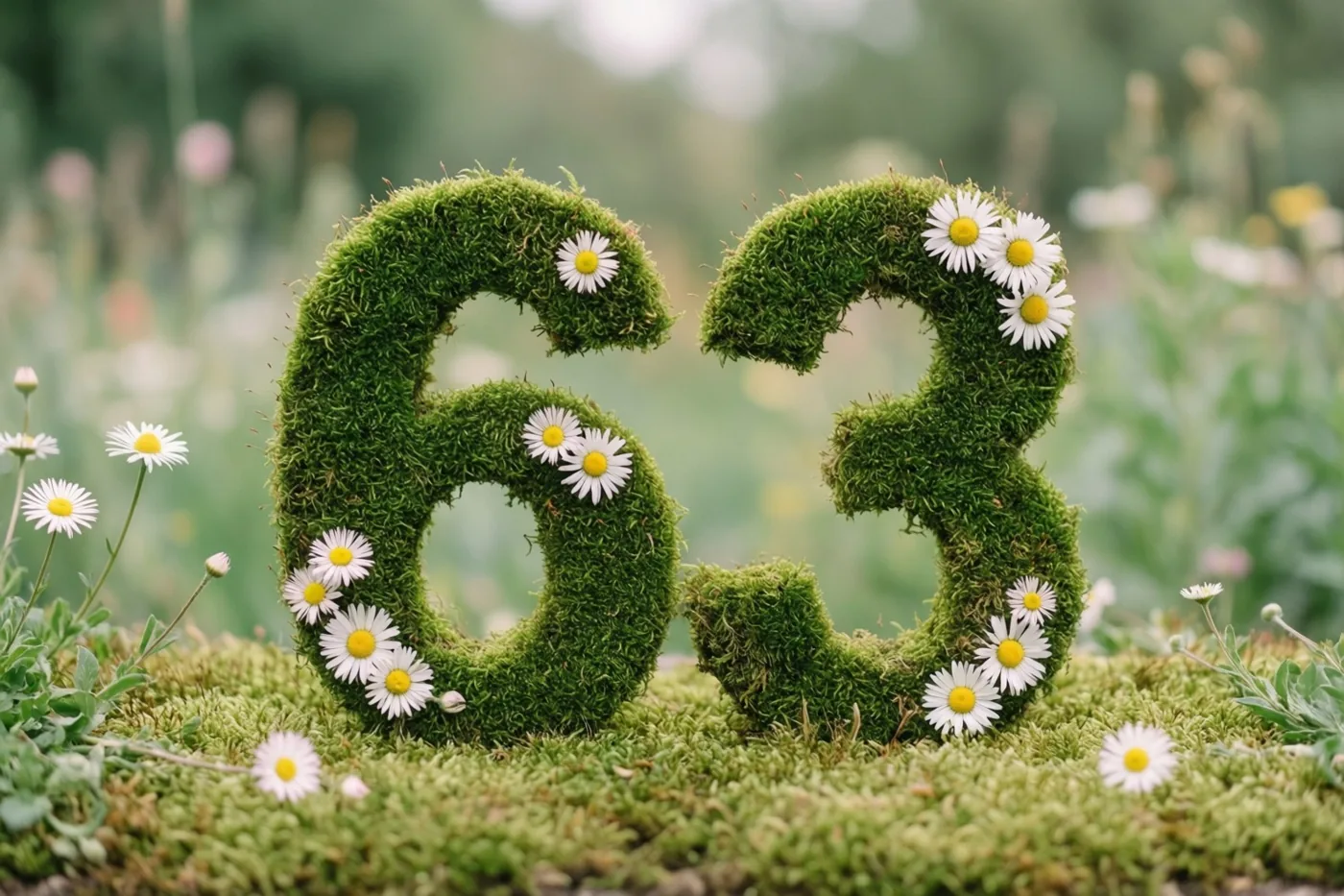 Een mossige groene haag vormt 63 en is versierd met witte madeliefjes in een landelijke tuin met een onscherpe achtergrond.