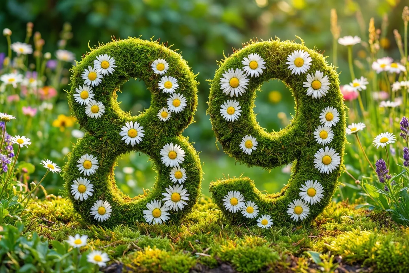 Een groene haag met mos vormt het getal 89, versierd met witte madeliefjes in een landelijke tuin met onscherpe veldbloemen op de achtergrond.