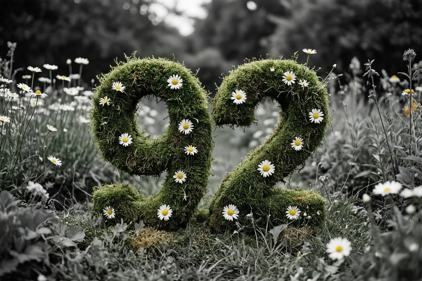 Een met mos begroeide haag vormt 92 met witte madeliefjes, waarbij het groen en de bloemen in kleur afsteken tegen een zwart-witte tuinachtergrond.