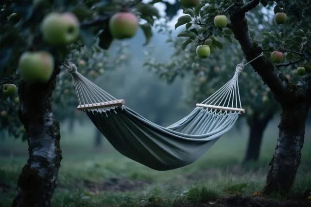 Een groene hangmat hangt tussen twee appelbomen in een mistige boomgaard, in zacht licht en gedempte groentinten.