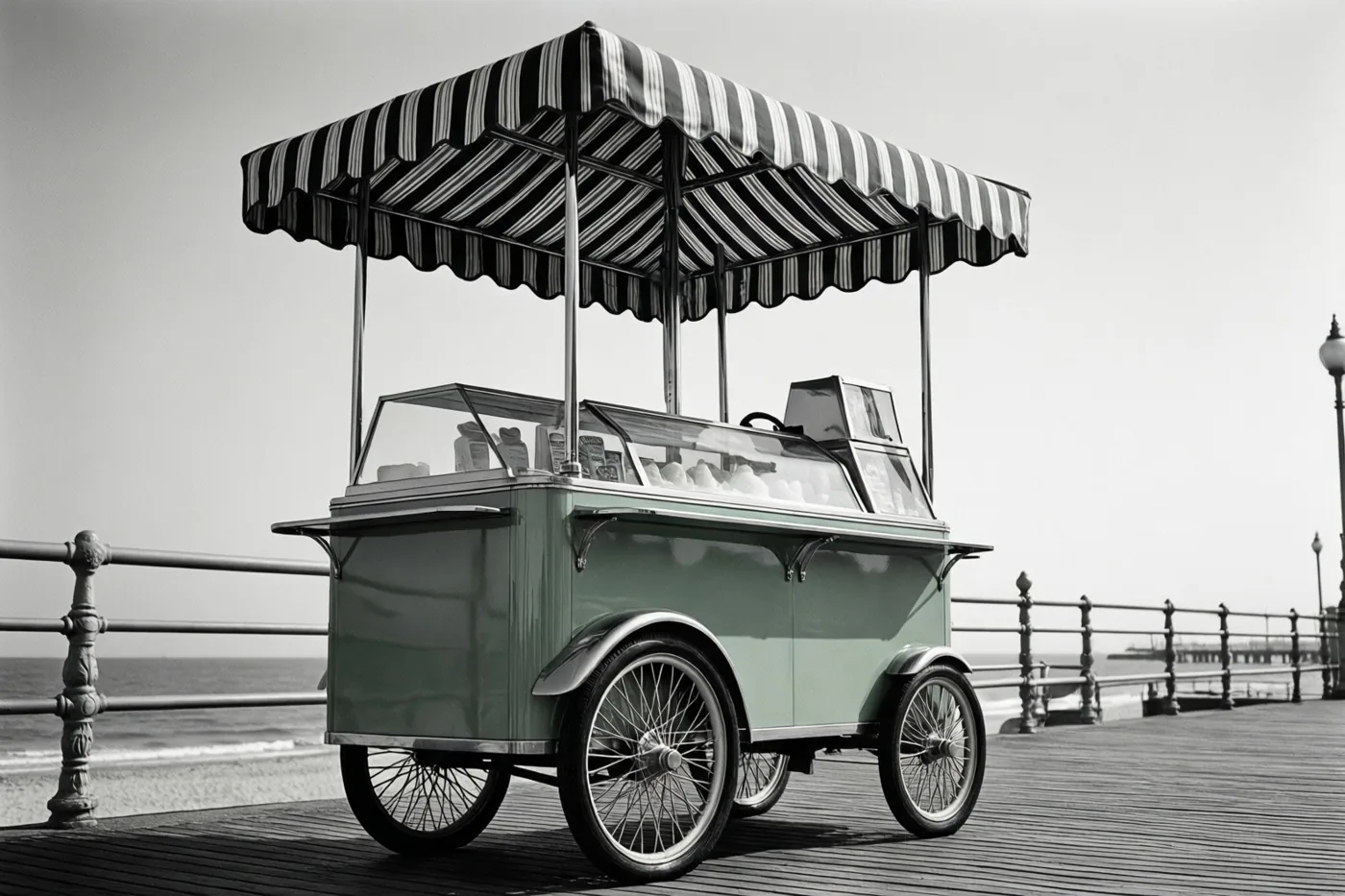 Een vintage-ijskar met een gestreepte luifel staat op een houten promenade aan zee in een overwegend zwart-witbeeld met gedempt groen op de kar.