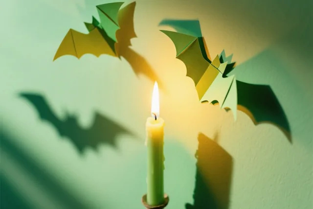 Een brandende groene kaars werpt lange schaduwen van papieren vleermuizen op een lichtgroene muur.