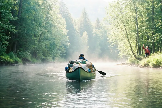 Een persoon peddelt in een groene kano met uitrusting over een mistige rivier door een dicht groen bos, terwijl iemand vanaf de oever zwaait.
