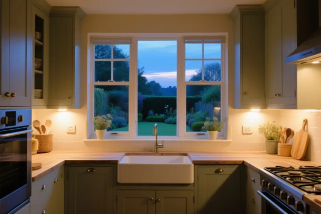 Een keuken met groene kasten en houten werkbladen heeft een groot raam met zicht op een tuin bij avondschemering en warme verlichting onder de bovenkasten.