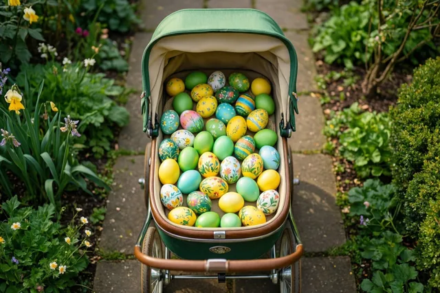 Een oude groene kinderwagen vol kleurrijk beschilderde paaseieren staat op een stenen tuinpad tussen groen en bloemen.