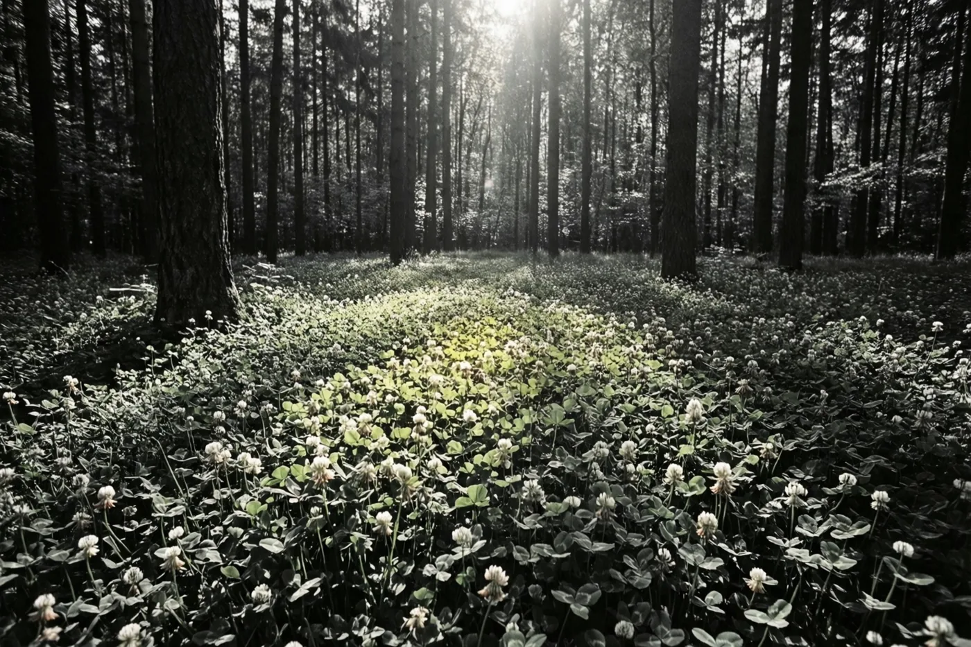 Een open plek vol klaver tussen hoge bomen is weergegeven in grijstinten met een groen accent op de klaver en vlekken zonlicht.