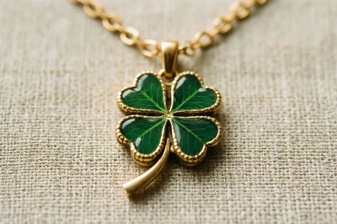 Een gouden ketting met een groen geëmailleerde klavertjevierhanger met gouden randen en steel ligt op beige linnen.