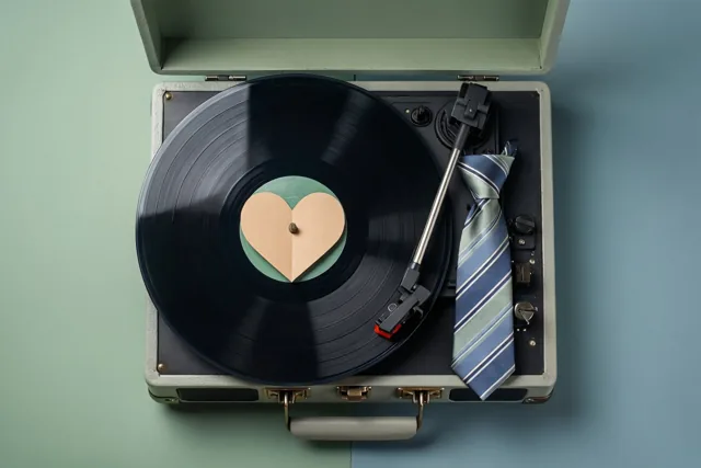 Een geopende lichtgroene kofferplatenspeler bevat een zwarte vinylplaat met een papieren hart in het midden, met een blauw-groen gestreepte das naast de toonarm tegen een groen-blauwe achtergrond.