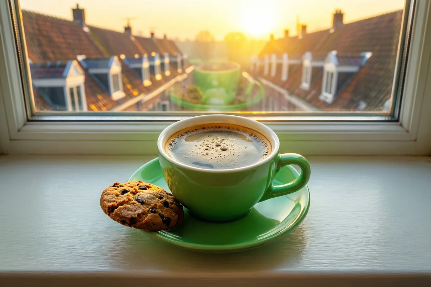 Een groene koffiekop en een koekje met chocoladestukjes staan op een vensterbank met uitzicht op een rij trapgevels in de opkomende zon.