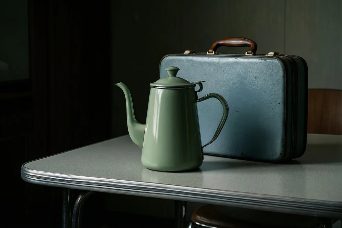 Een groene geëmailleerde koffiepot en een blauwe retroaktetas staan op een grijze formicatafel met een chromen rand in een schemerige kamer met donkere muren.
