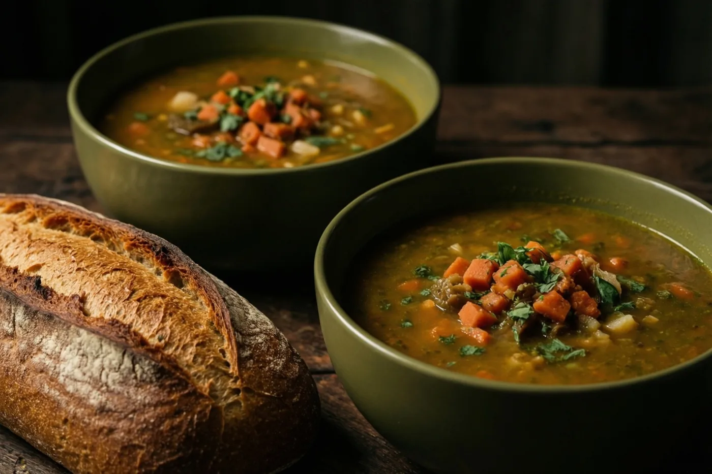 Twee groene kommen groentesoep met wortelen en kruiden staan op een donkere houten tafel met een brood ertussen.