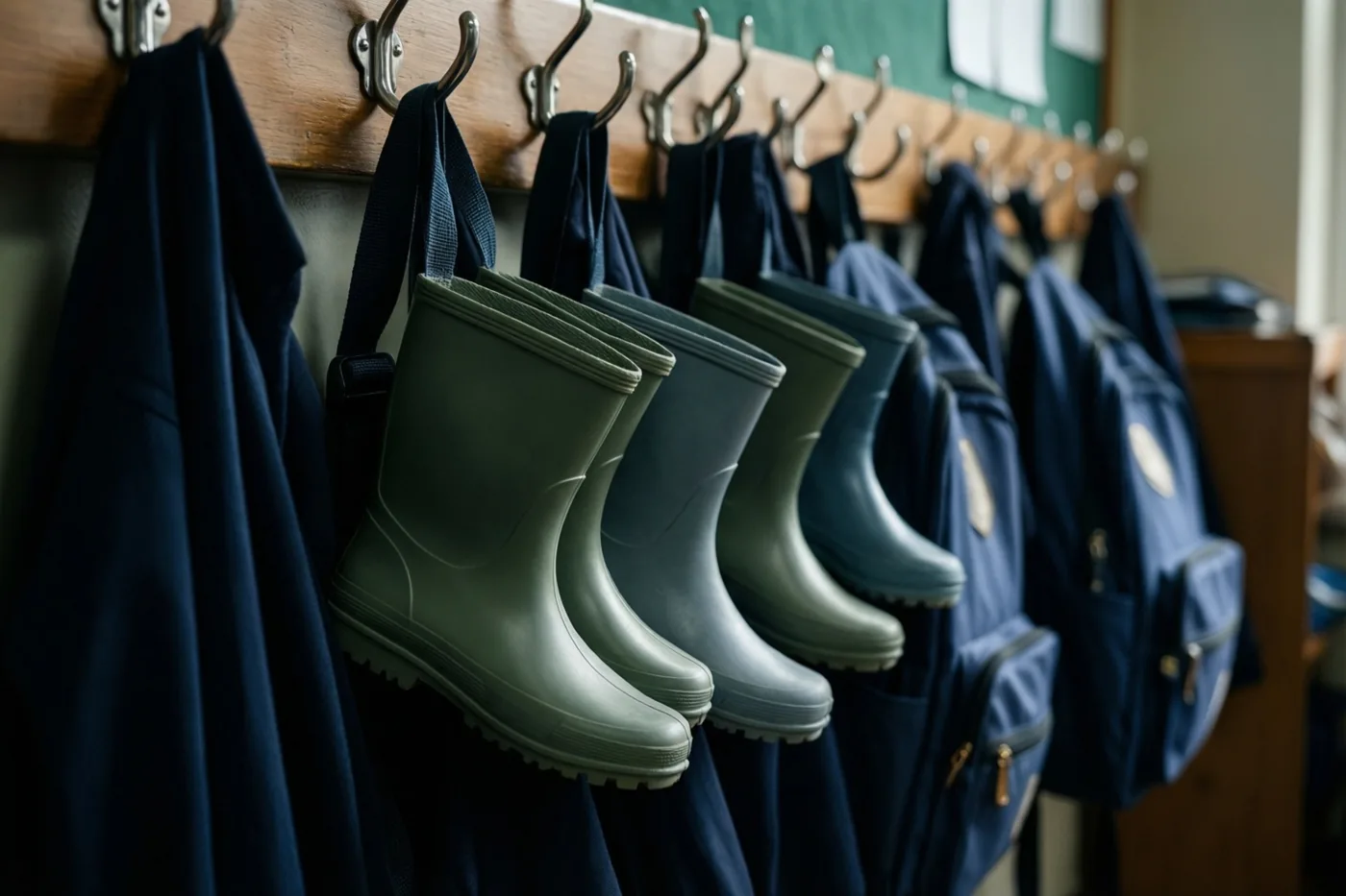 Kleine groene rubberlaarzen hangen aan houten kapstokhaken naast donkerblauwe boekentassen in een klas met een groen krijtbord op de achtergrond.