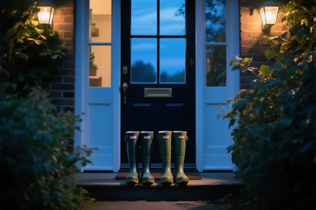 Twee paar groene rubberlaarzen staan op een drempel voor een donkere deur, met warm licht aan weerszijden en een blauwe lucht achter de ruiten.