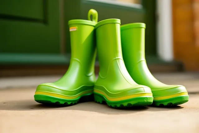 Twee paar felgroene rubberlaarzen staan naast elkaar op een drempel voor een groene deur.