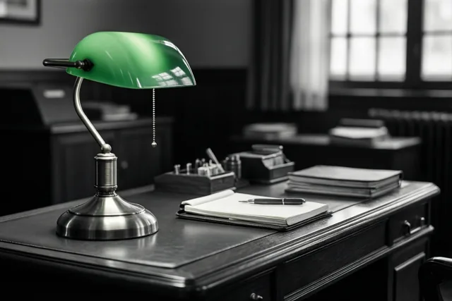 Een bureau uit de jaren vijftig met een open notitieblok is in zwart-wit weergegeven, terwijl de bankierslamp groen is.