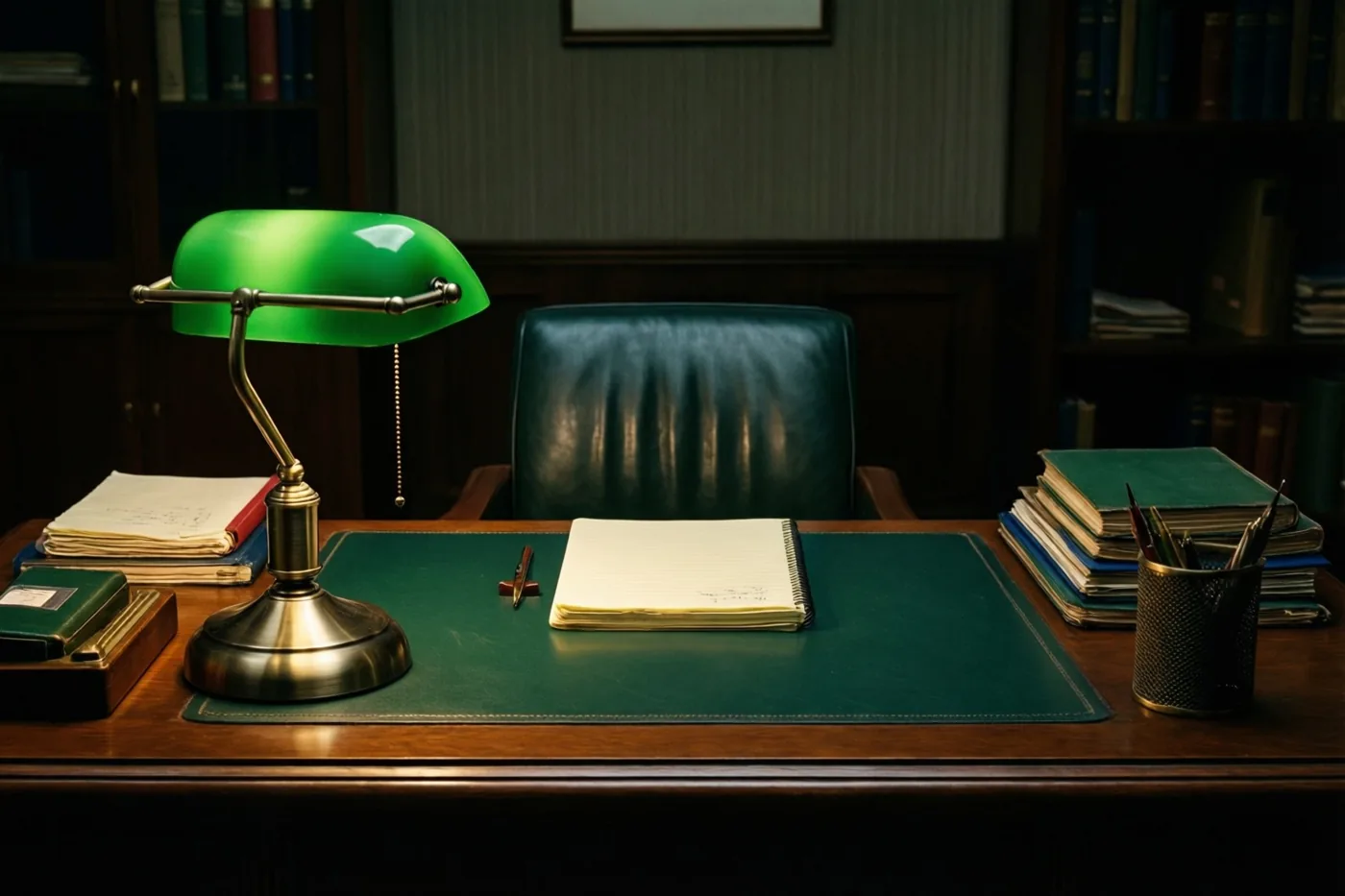 Een bureau uit de jaren vijftig met een groene bankierslamp en een open notitieblok op een groene leren onderlegger staat in een schemerige kamer met boekenkasten en een leren stoel.