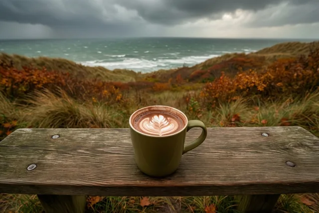 Een groene mok warme chocolademelk met een figuur in het melkschuim staat op een verweerde houten bank, met daarachter een stormachtige zee en duinen met oranje en bruin gebladerte onder donkere wolken.