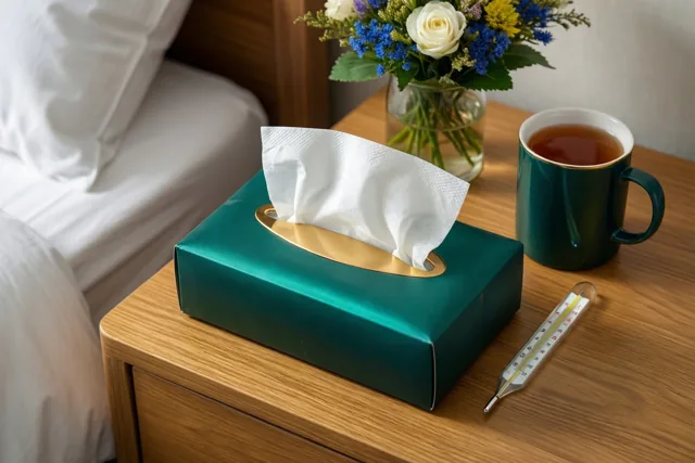 Een groene doos zakdoekjes, een donkergroene mok thee en een glazen thermometer staan op een nachtkastje naast een vaas bloemen en een bed met wit beddengoed.