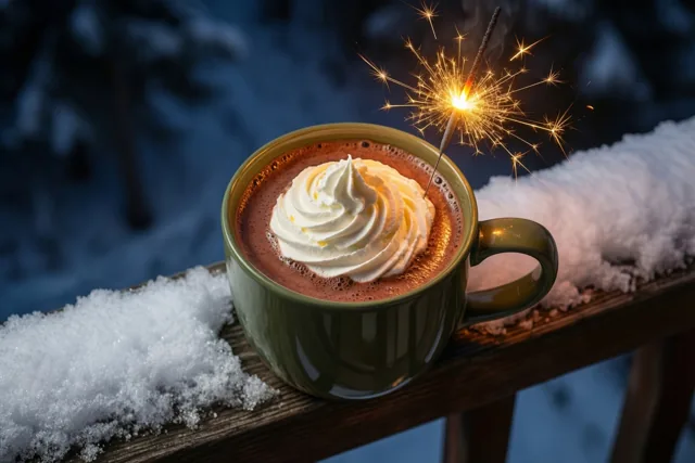 Een groene mok warme chocolademelk met slagroom en een brandend sterretje staat 's nachts op een besneeuwde houten balkonleuning.