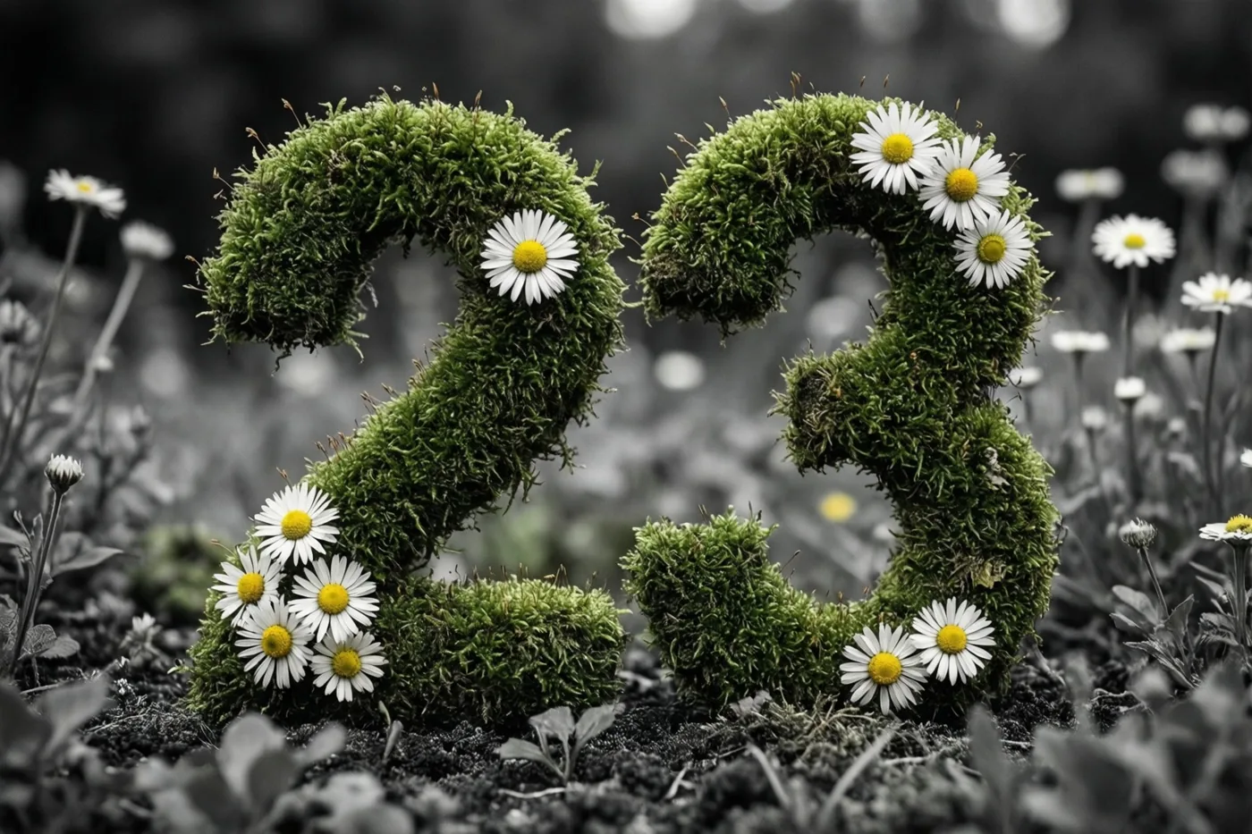 Een groen mosframe in de vorm van 23 is versierd met witte madeliefjes en staat in een tuin die in zwart-wit is weergegeven.