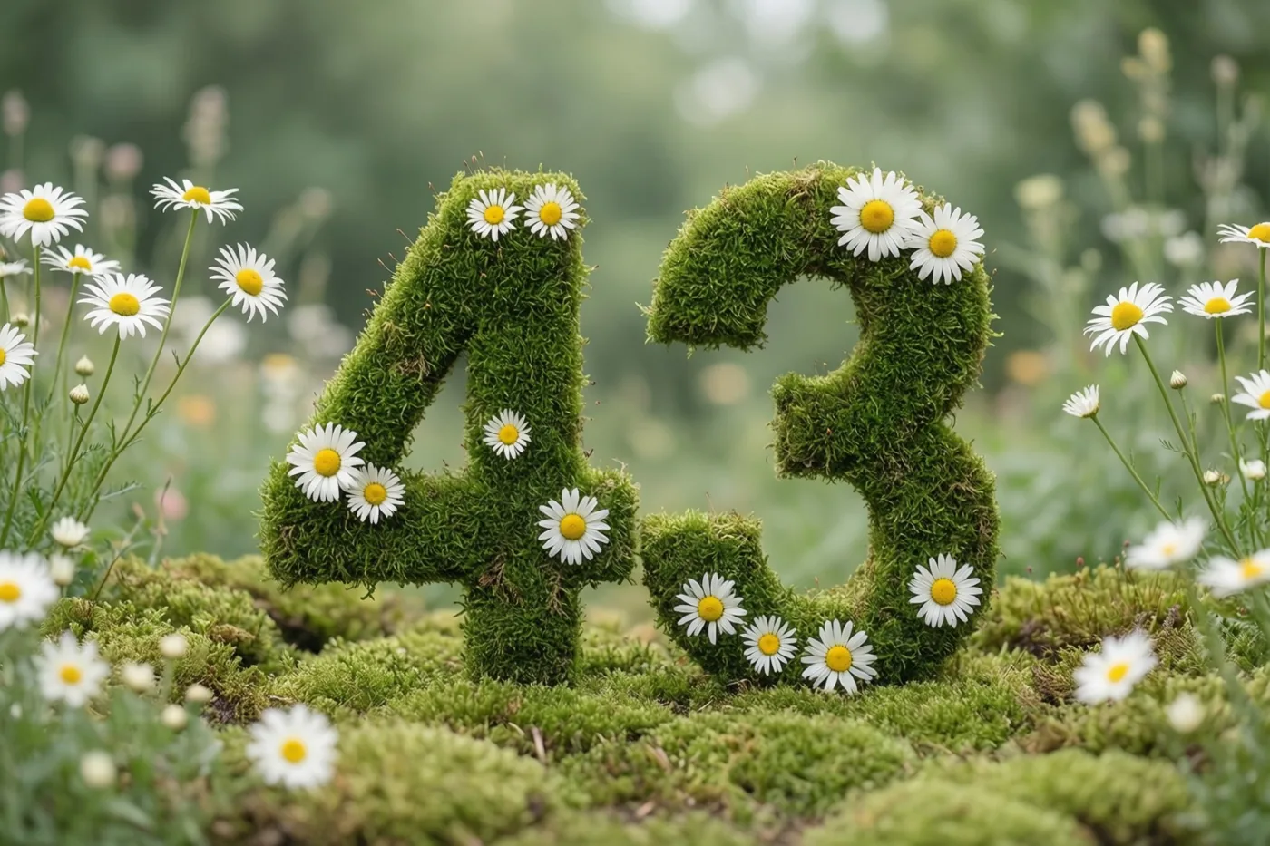 Het getal 43 is gevormd uit groen mos en versierd met witte madeliefjes in een landelijke tuin.
