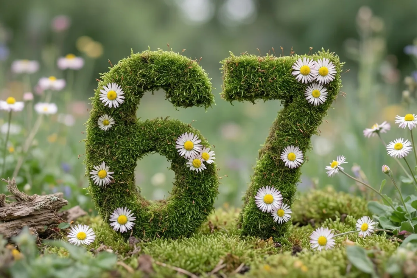 Een weelderig groen mosframe in de vorm van 67 is versierd met witte madeliefjes, met onscherpe bloemen in een landelijke tuin op de achtergrond.