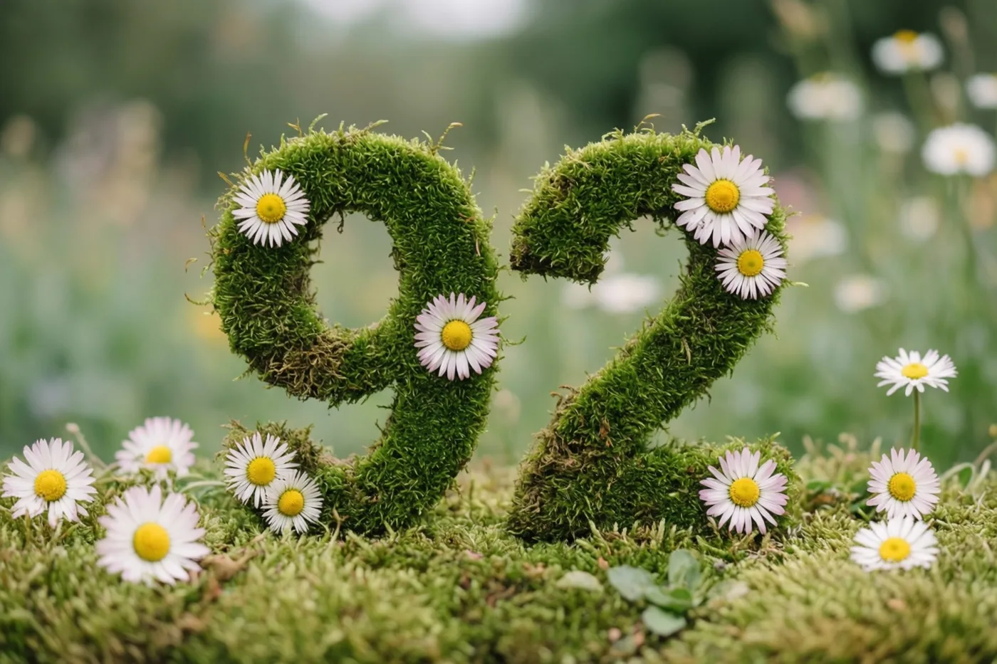 Het getal 92 is gevormd uit groen mos en versierd met witte madeliefjes in een landelijke tuin.
