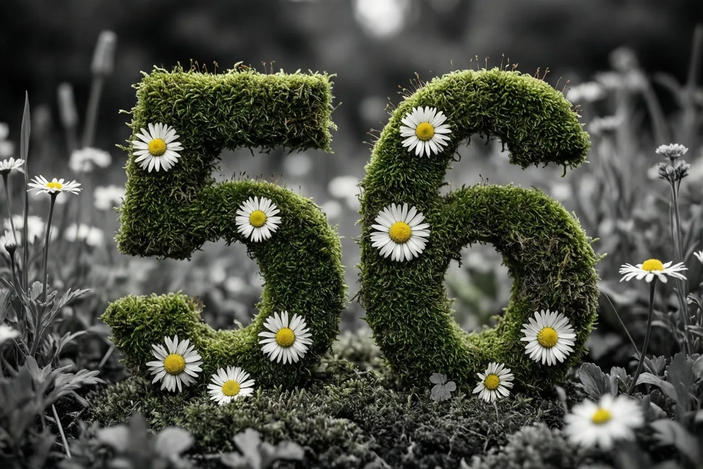 Het getal 56 van groen mos met witte madeliefjes staat in een landelijke tuin, waarbij het mos en de bloemen in kleur afsteken tegen een zwart-witachtergrond.